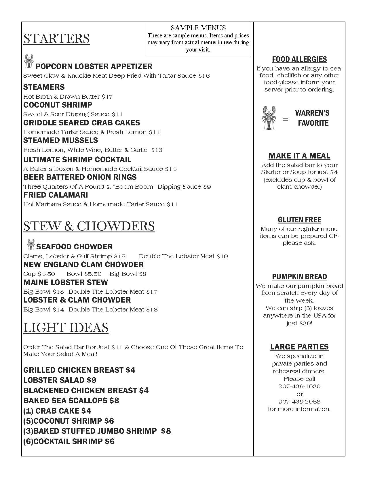 Lunch & Bar Menu Warren's Lobster House