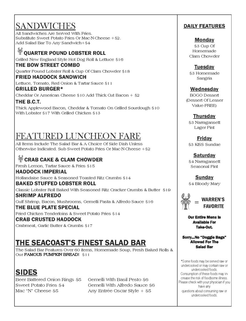 Lunch & Bar Menu Warren's Lobster House
