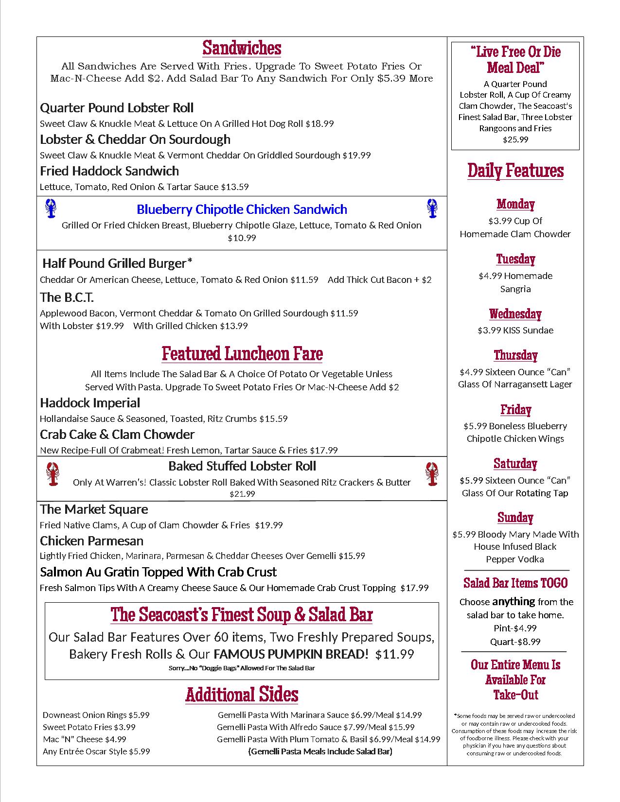 Lunch & Bar Menu Warren's Lobster House