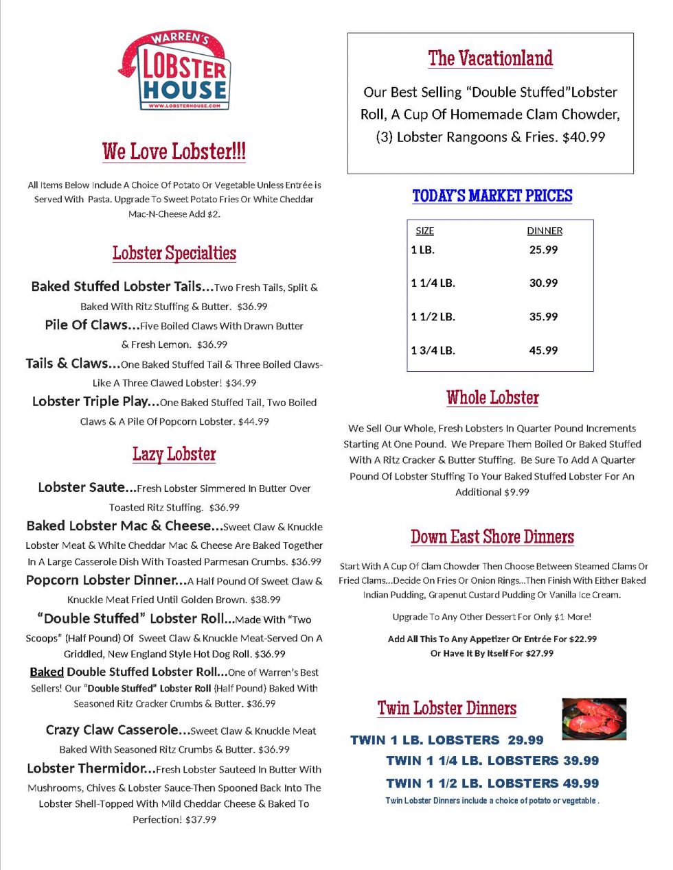 Current Menu Warren's Lobster House