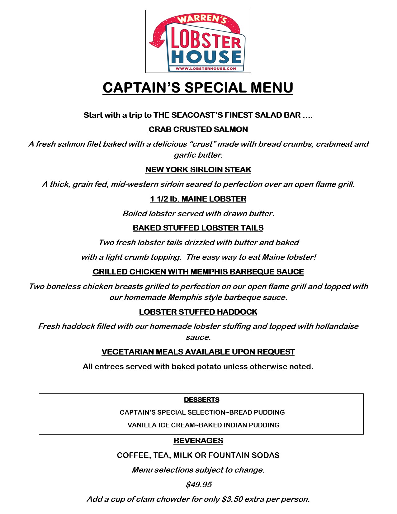 group menu for tables 2023 captains