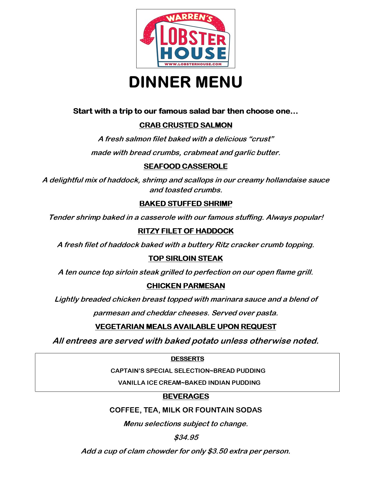 group menu for tables 2023 dinner