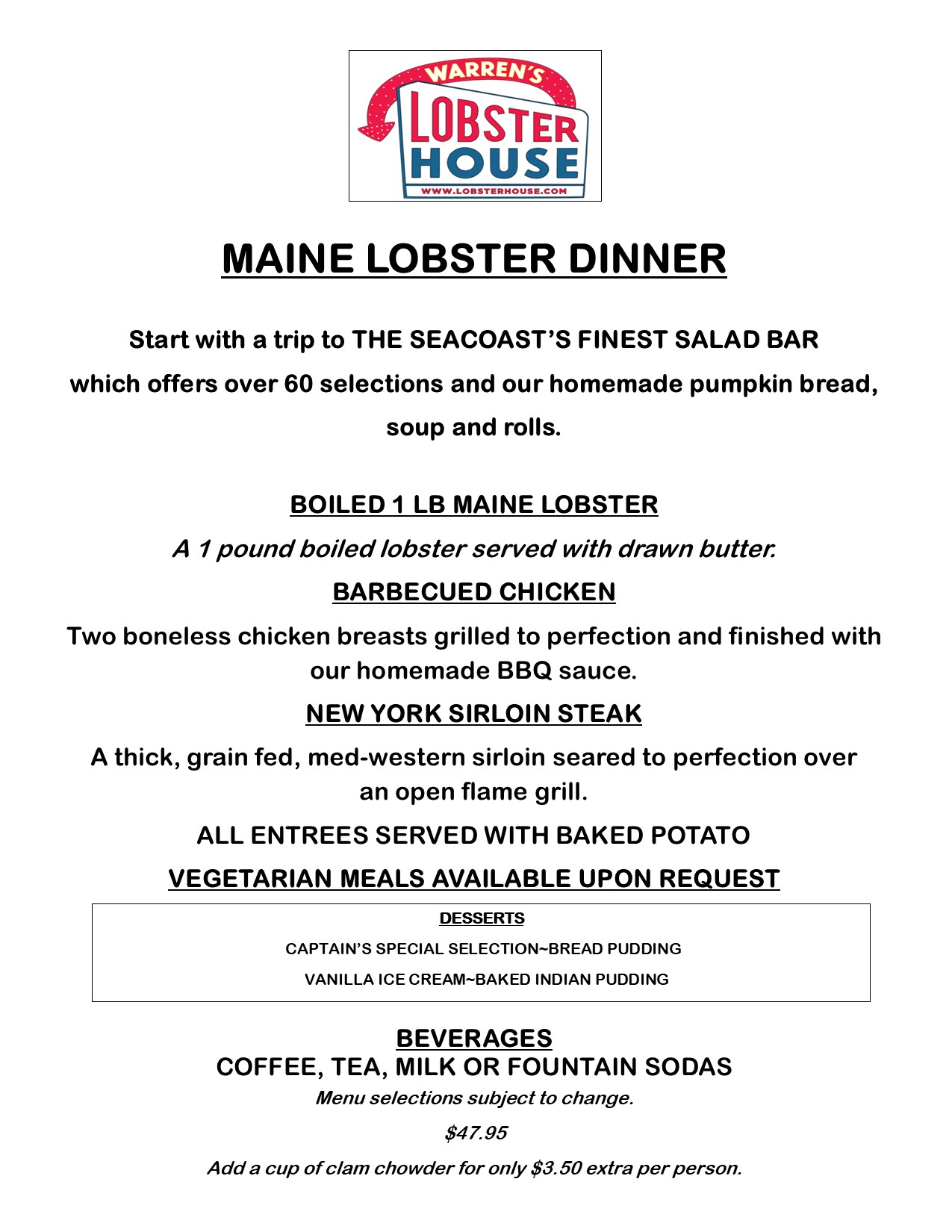 group menu for tables 2023 lobster bake